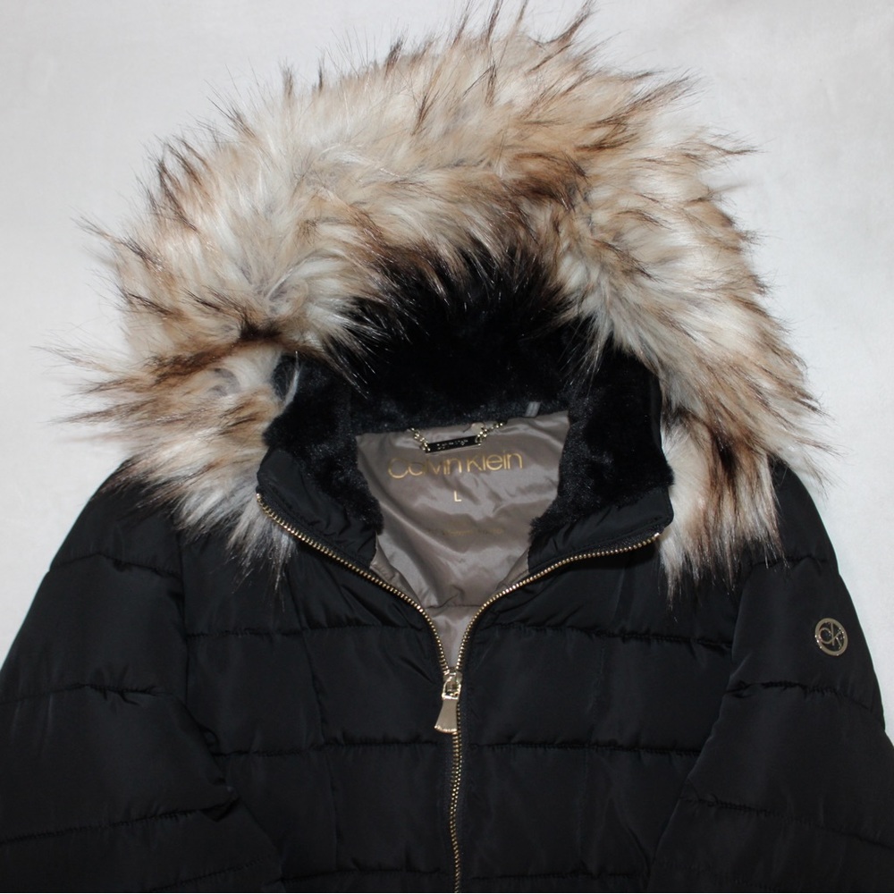 Calvin Klein Women's Quilted Down Jacket with Removable Faux Fur Trimmed Hood